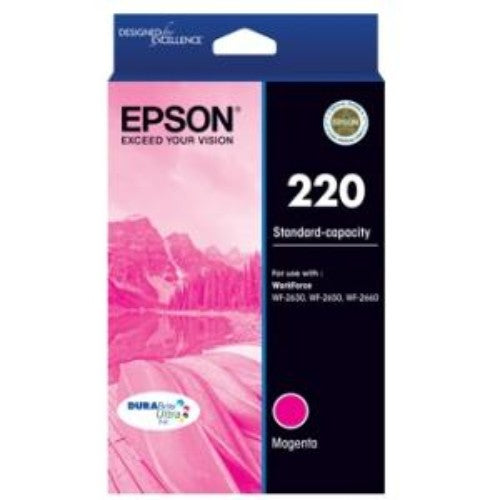 Epson DURABrite Ultra Magenta Ink Cartridge 220, delivers vibrant, durable prints that are water, fade, and smudge resistant.