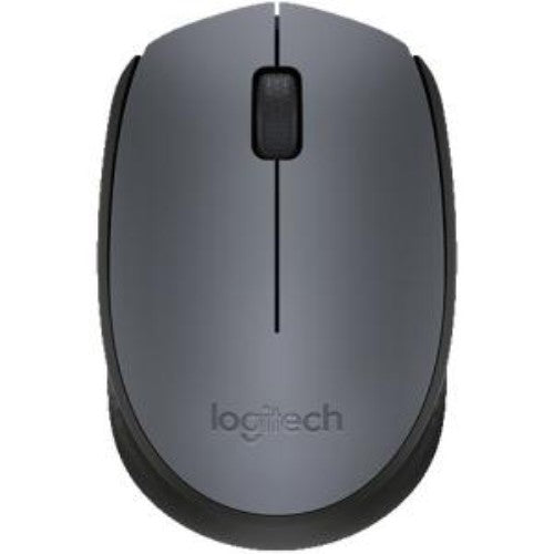 Logitech M171 Wireless Mouse in black and grey, featuring 2.4GHz connectivity, ambidextrous design, and 12-month battery life.