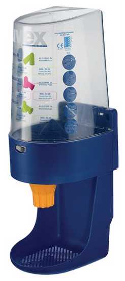 Uvex Earplug Dispenser is a wall-mounted jar holding 400 pairs, featuring a controlled release and transparent design for easy monitoring.