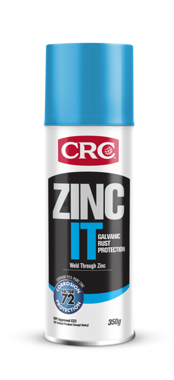 Zinc-rich CRC 2085 Zinc It 350g protects metal surfaces with 95% purity zinc, offering rust prevention and weld-through capability.