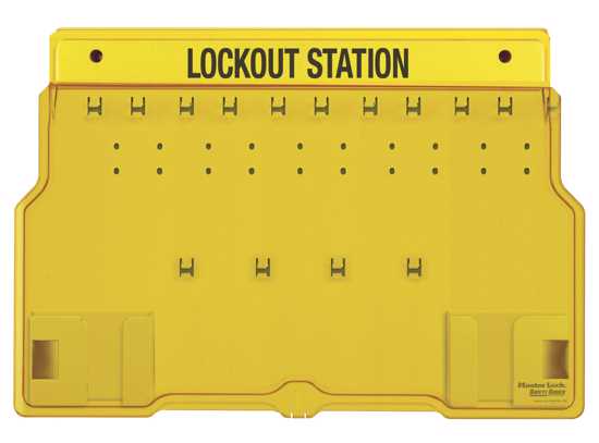 Wall-mounted lockout station with translucent cover, holds 10 locks, made of durable polycarbonate for safety management.