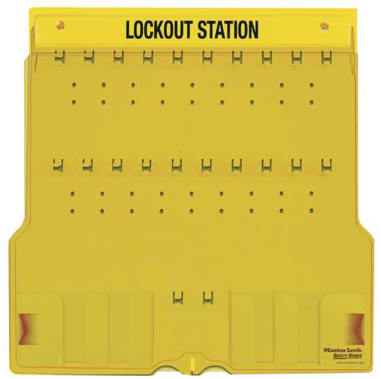 Wall-mounted Master Lock 1484B lockout station with translucent cover, holds 20 locks for safety and organization.