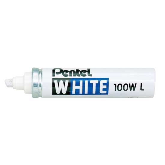 Pentel White Permanent Marker with chisel tip, 5.0-7.0mm line width, for vivid markings on various surfaces.