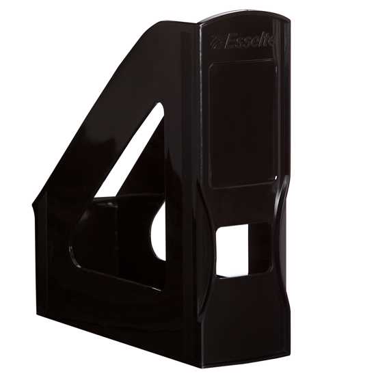 Elegant black magazine file holder for organized storage of books, documents, and magazines; perfect for home or office use.