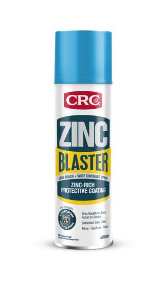 A 500ml spray can of CRC 2130 Zinc Blaster for rust protection, featuring a long-reach nozzle and zinc-rich formula.