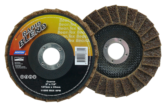 Coarse rapid blend disc from Bear-Tex, 127mm size, ideal for effective material removal on stainless steel and soft materials.