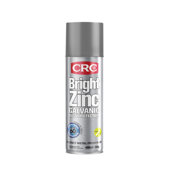 High-performance CRC 2087 Bright Zinc spray with 50% zinc for rust protection, quick-drying and ideal for galvanised surfaces.