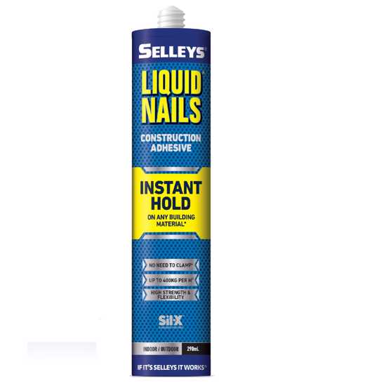 Selleys Liquid Nails Instant Hold adhesive in 290ml, ideal for instant bonding on various surfaces, UV, heat, and water resistant.