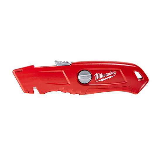 Milwaukee self-retracting safety knife with metal body, tool-free blade change, and storage for 5 extra blades.