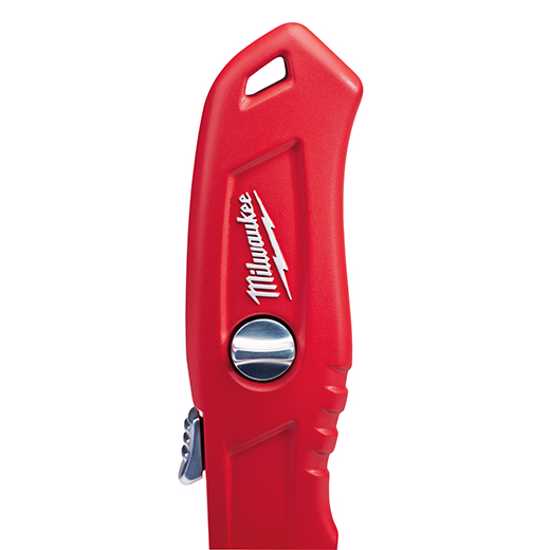 Milwaukee self-retracting safety knife with a lightweight metal body, tool-free blade changes, and onboard storage for extra blades.