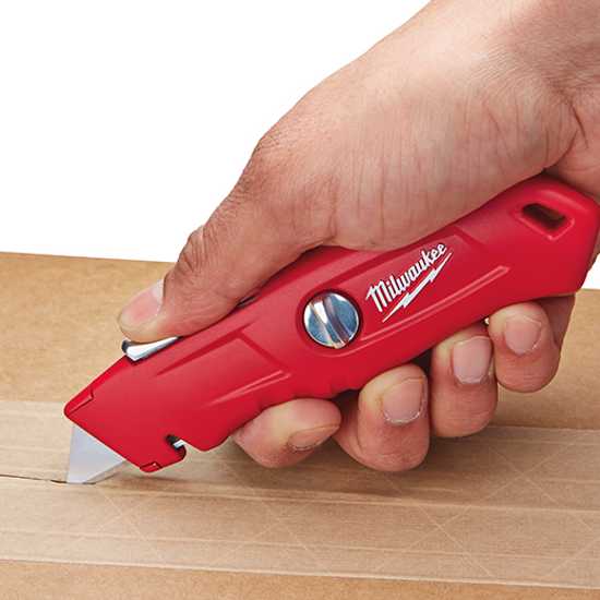 Milwaukee self-retracting safety knife with tool-free blade change, metal body, and onboard storage for 5 extra blades.