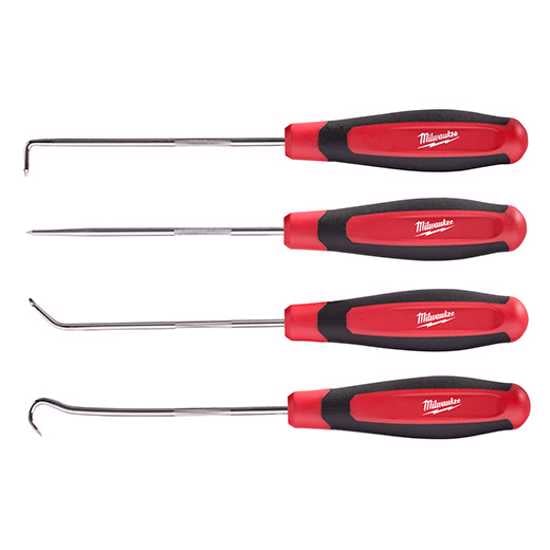 Milwaukee 4-piece hook and pick set with chrome-plated tools, ergonomic grips, and durable All-Metal Core design.