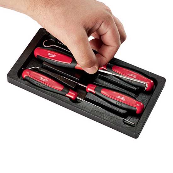 Milwaukee 4-Piece Hook and Pick Set with ergonomic handles and chrome-plated durability, organized in an easy-access tray.