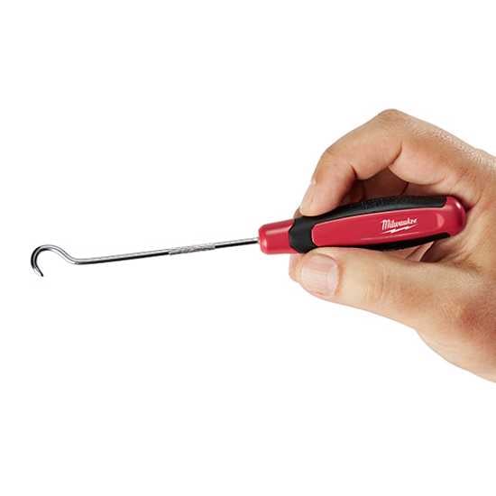 Milwaukee 4-Piece Hook and Pick Set featuring all-metal core, comfort grip, chrome-plated for rust protection, in storage tray.