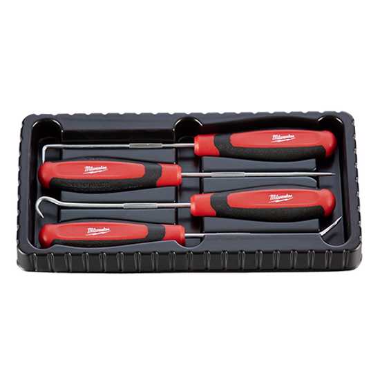 Milwaukee 4-piece hook and pick set featuring an All-Metal Core, chrome-plated for rust protection, and comfort grip handles.