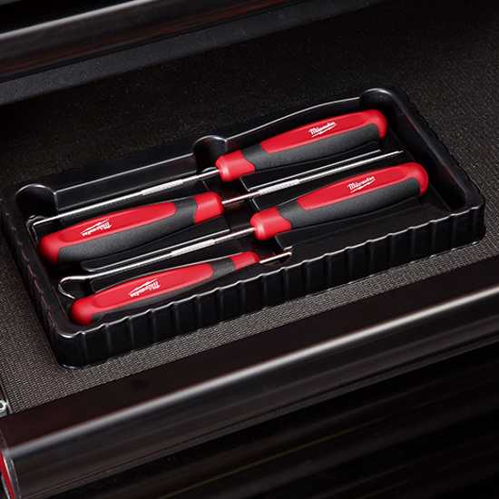 Milwaukee 4-Piece Hook and Pick Set featuring durable all-metal core, chrome plating, comfort grip, and easy-access storage tray.