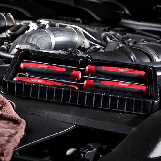 Four-piece Milwaukee Hook and Pick Set with chrome-plated tools, ergonomic grips, and durable rust protection in a storage tray.