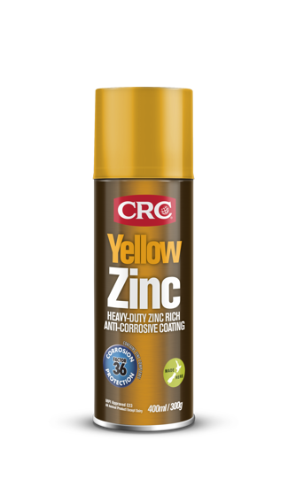 Aerosol can of CRC 2098 Yellow Zinc 400ml for rust protection, featuring a vibrant yellow satin finish and quick-drying enamel coating.