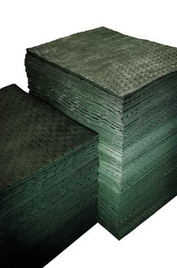Heavyweight dark grey sorbent pads, 500 x 400mm, absorb oil and fuels without water, pack of 100 for versatile spill cleanup.