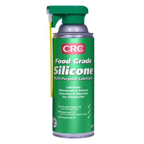 CRC 3043 Food Grade Silicone aerosol, versatile lubricant for food processing, safe for incidental food contact, 360-degree spray.