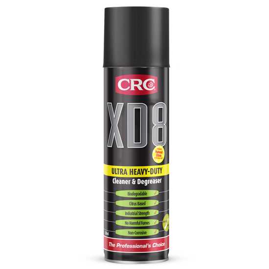 CRC XD8 Ultra Heavy Duty Degreaser in 500ml, a citrus-based cleaner for effective removal of grease and contaminants.