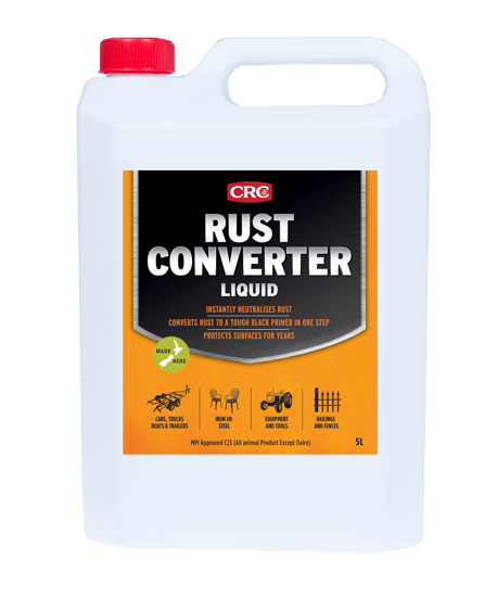 CRC 3075 Rust Converter Liquid 5L, a fast-drying solution that neutralizes rust and creates a tough black primer.