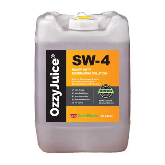 CRC Smartwasher OzzyJuice SW-4 20L: Eco-friendly parts washing system using bioremediating OzzyJuice for effective cleaning.