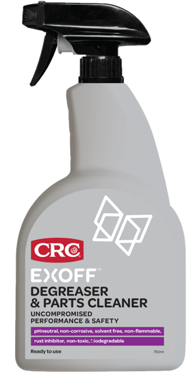Bottle of CRC 3410 EXOFF Degreaser, a powerful, eco-friendly cleaner for heavy-duty grease and oil removal on various surfaces.