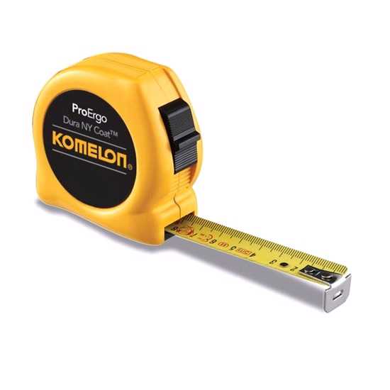 Komelon Proergo tape measure 8m/26Ft: durable, precise, ergonomic design with nylon-coated blade and reliable locking feature.