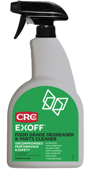 CRC 3420 Food Grade EXOFF Degreaser 750ml bottle, biodegradable and safe for food environments, effective against tough grease.