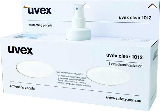 uvex Disposable Lens Cleaning Station for spotless lens care, includes tissues and cleaning solution in a wall-mountable design.