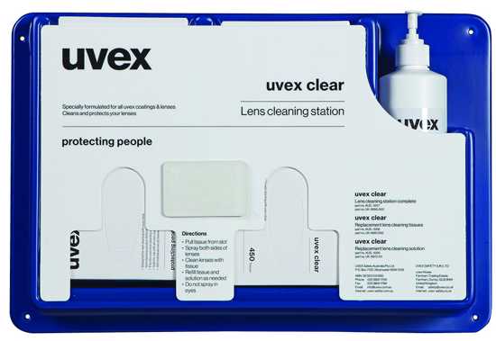 uvex Complete Lens Cleaning Station mounted on a wall, designed for safe and effective eyewear cleaning without scratches.