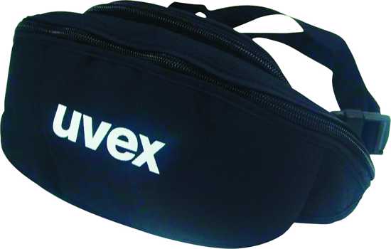 uvex Goggle Case with adjustable belt for secure eyewear storage, featuring pockets for spare lenses and wipes.