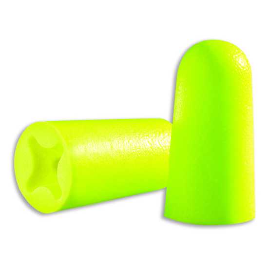 Bright lime uncorded earplugs in a box of 200, offering 26dB noise reduction for comfort and protection in loud environments.