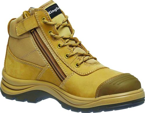 KingGee Tradie PR Safety Boots in Wheat, featuring leather upper, Wellmax puncture plate, and removable memory foam footbed.