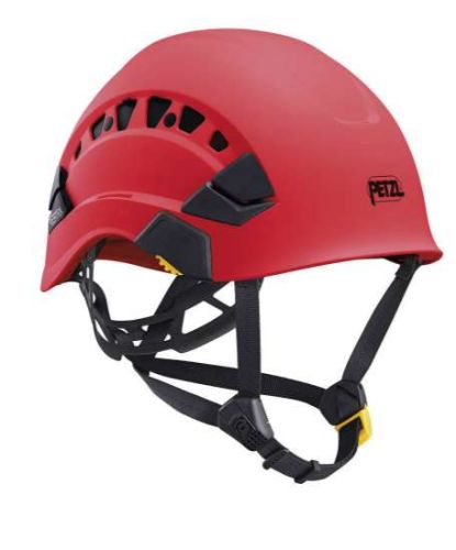 Petzl Vertex Vent Helmet in red, featuring adjustable fit, ventilation, and safety certifications for climbing and work.