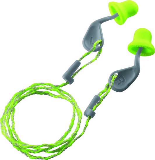 Uvex Xact - Fit Earplugs in lime green, 50 pairs, designed for comfort and secure fit, offering 22dB noise reduction.
