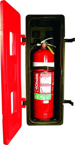 Jonesco Extinguisher Cabinet JBXE83, durable plastic storage for fire extinguishers, UV-resistant with secure polycarbonate windows.