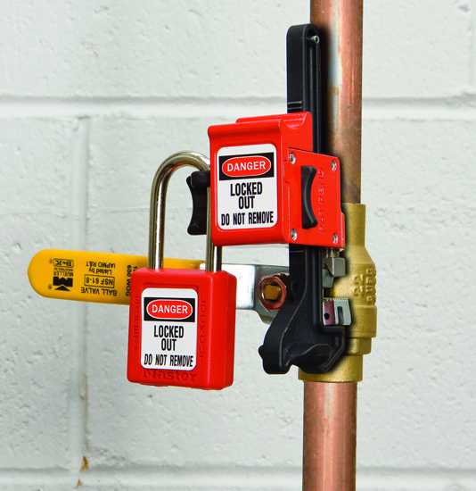 Lightweight Master Lock S3068 ball valve lockout device for valves up to 4 inches, ensuring safety during maintenance tasks.