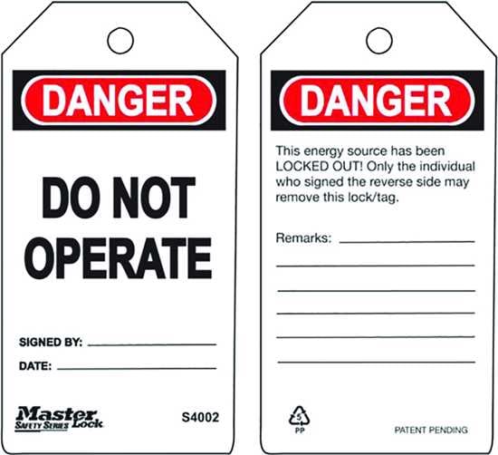 MasterLock S4002 double-sided lockout tags, 76x146mm, durable polypropylene, bold 'Danger Do Not Operate' warnings. Pack of 6.
