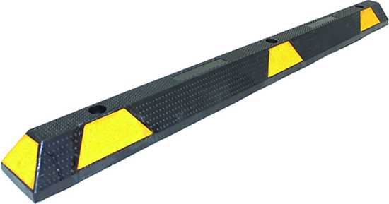 Rubber wheel stop with yellow reflectors, measuring 1650mm x 150mm x 100mm, designed for safety in parking facilities.