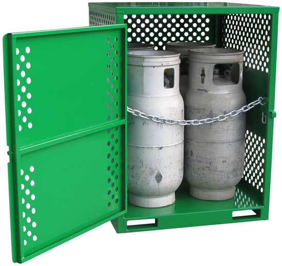 Heavy-duty perforated steel gas cylinder store for 4 x 18kg LPG cylinders, featuring safety chains and padlock for security.