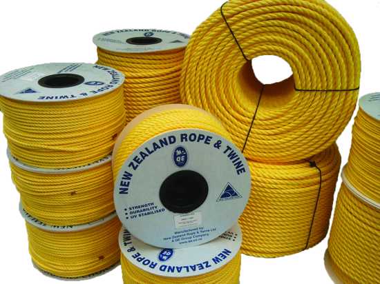 Bright yellow 10mm polypro rope, 50m long, UV-stabilized, floats on water, ideal for outdoor and marine use.