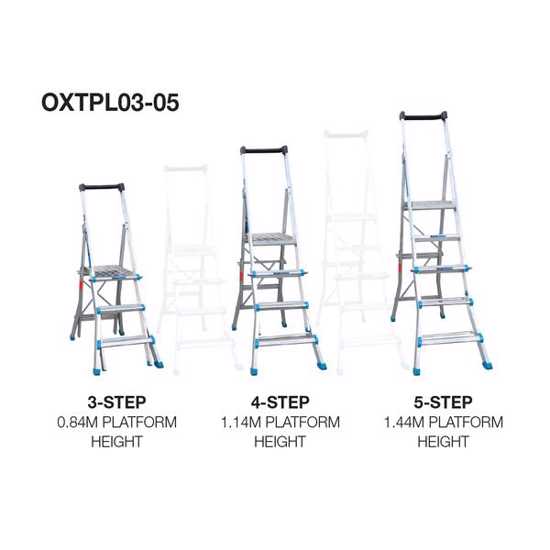 Adjustable 3-5 step telescopic platform ladder with handrail and independent stiles for safety on uneven ground.