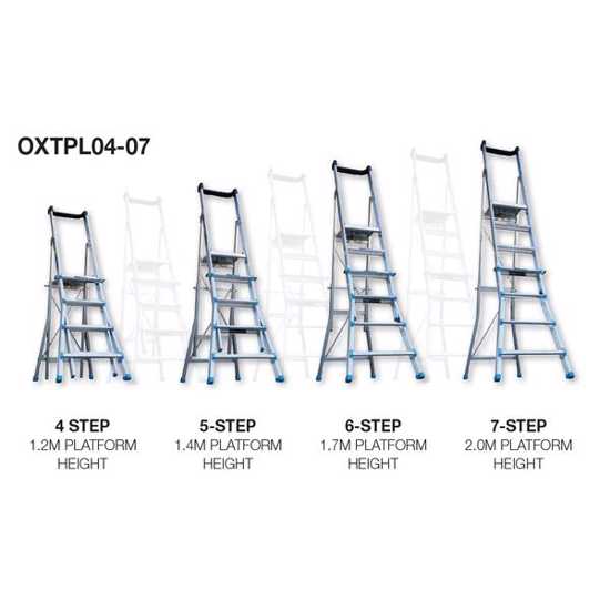 Adjustable telescopic platform ladder with handrail, 1.15m to 2.02m height, 200kg capacity, folds flat for storage.