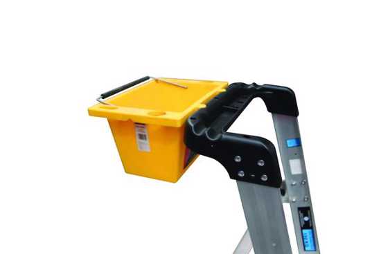 Adjustable telescopic ladder with large platform, 200kg load rating, folds flat for storage, and built-in safety handrail.