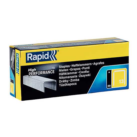 Box of 5000 Rapid High Performance Staples, 13/8mm, featuring a thin, discreet design for textiles and reliable, strong performance.