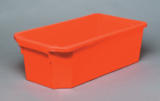 Durable polypropylene stack and nest tote box, ideal for organized storage of tools, toys, or office supplies.