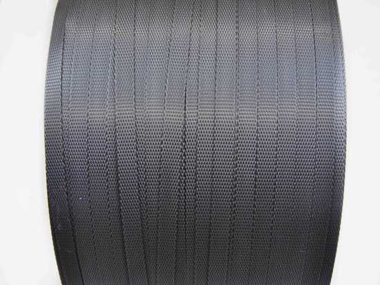 Harveys Black Polypropylene Strap 19x0.95mm, durable 1000m roll, 400kg breaking strain for secure load transportation.