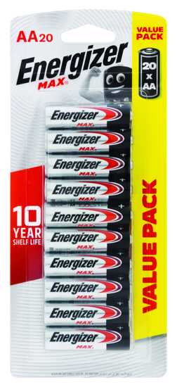 Energizer Max AA batteries 20-pack, featuring Power Seal technology for long-lasting power and leakage protection.
